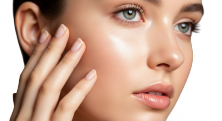 Closeup portrait of a young woman touching her smooth and glowing facial skin isolated on transparent background