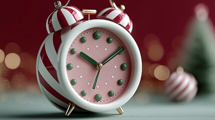 A red and white striped Christmas clock on a green surface with bokeh lights. Festive holiday countdown symbol with design concept for seasonal sales and celebration campaigns