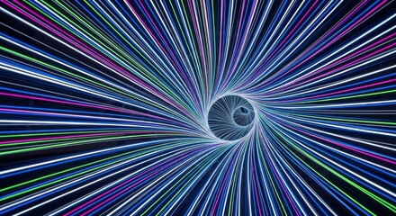 Dynamic swirling tunnel of colorful neon light streaks creating a mesmerizing spiral effect