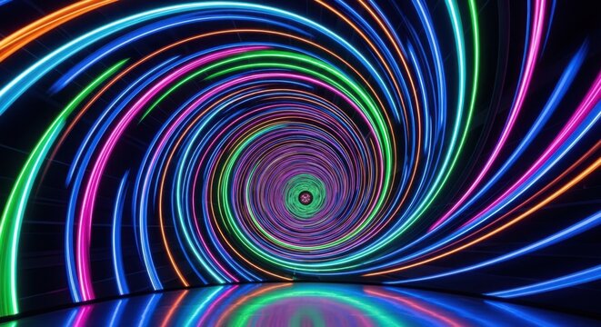 Colorful Neon Light Tunnel with Spiral Pattern Creating an Illuminated Optical Illusion