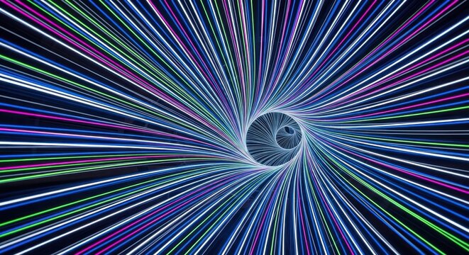 Dynamic swirling tunnel of colorful neon light streaks creating a mesmerizing spiral effect