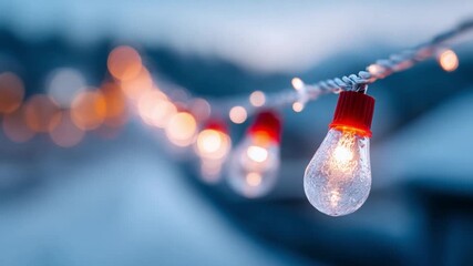 Twinkling Lights in the Evening: Capturing a string of warm, inviting lights glowing against a blurred winter scene, evoking feelings of festivity and enchantment.