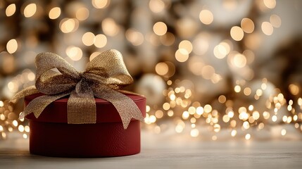 A red gift box with a gold bow sparkles against festive warm bokeh. Luxury holiday symbol for celebration, retail advertising, and seasonal marketing concepts