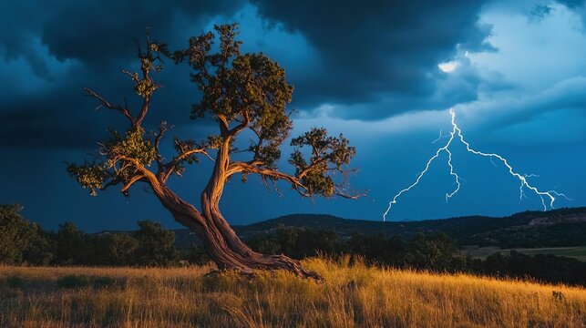 superego. A lone tree bent by strong winds during a stormy night with dramatic lighting. ESG reports, sustainability campaigns, designed for sustainability communications and ESG reporting.
