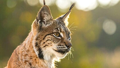 A close-up portrait of a wild cat. The feline is facing right, displaying its profile. The creature is illuminated by sunlight