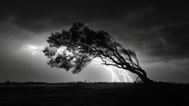 superego. A lone tree bent by strong winds during a stormy night with dramatic lighting. ESG reports, sustainability campaigns, designed for sustainability communications and ESG reporting.