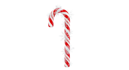 Red and white striped candy cane with sparkling snowflake decorations isolated on transparent background