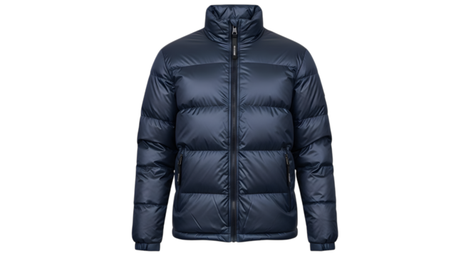 Dark blue padded winter down jacket isolated on transparent background