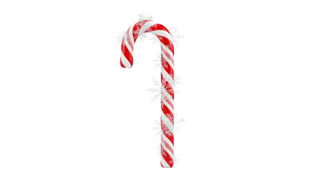 Red and white striped candy cane with sparkling snowflake decorations isolated on transparent background