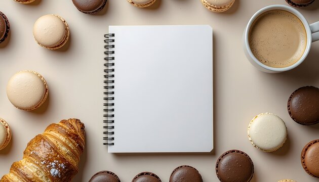 Flat lay of a blank notebook surrounded by pastries and a cup of coffee