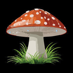 Detailed illustration of a poisonous toadstool mushroom with white spots and surrounding Plants