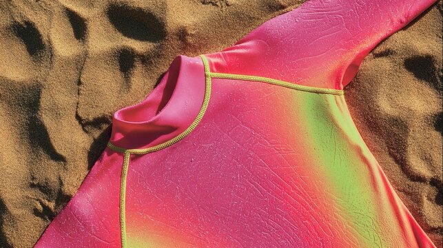 rashguard. Neon surf rashguard laid flat on wet sand, material stretched. lifestyle magazines, social media lookbooks, designed for lifestyle magazines and social media content.