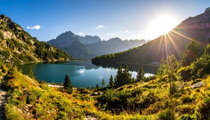 A scenic lake surrounded by mountains and verdant trees under a bright sun, with golden rays creating a beautiful landscape