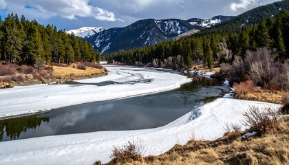 A scenic landscape showcases a partly frozen river winding between evergreen trees and mountains under a cloudy sky