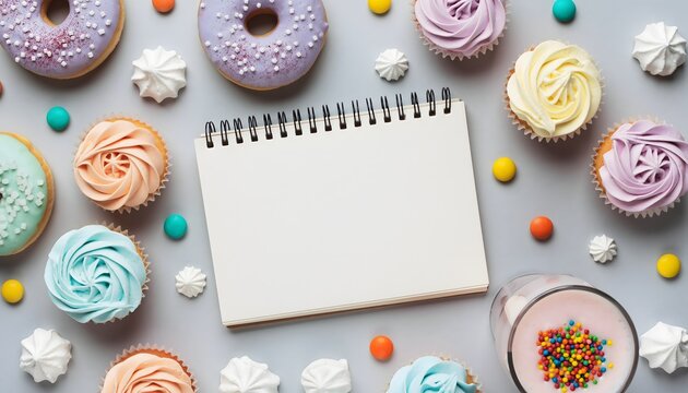 Delicious Desserts and Sweets Overhead Flat Lay with Blank Notebook