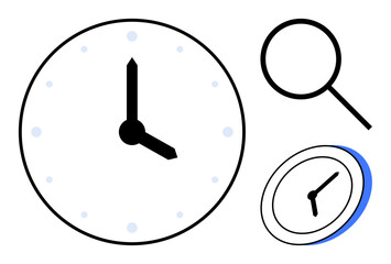 Clock face with magnifying glass highlighting details and a tilted zoomed version of the clock. Ideal for time, precision, efficiency, productivity, focus, organization, management, simple flat