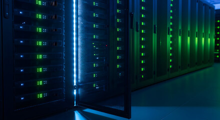 Corridor of a modern data center with rows of server racks and glowing blue and green network hardware