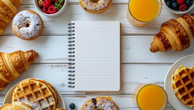 Delicious breakfast spread with pastries, waffles, fruit, and juice on a wooden table