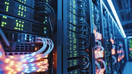 3230155 801 High performance data servers. Ultra high performance servers in data center rack, operating at full load with stability and optimum processing power. Glowing hardware and cable 74190359 1