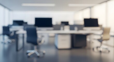 Abstract blurred modern office background with sleek minimalist design, featuring an open-plan layout, multiple workstations, and a clean, bright corporate environment for business