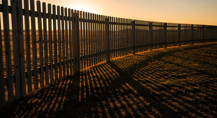 Golden hour sunlight filtering through a long wooden picket fence, casting dramatic linear shadows across a grassy field at sunset