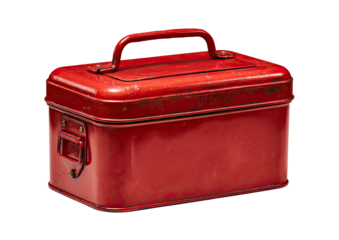 Retro red metal toolbox, aged, with top handle