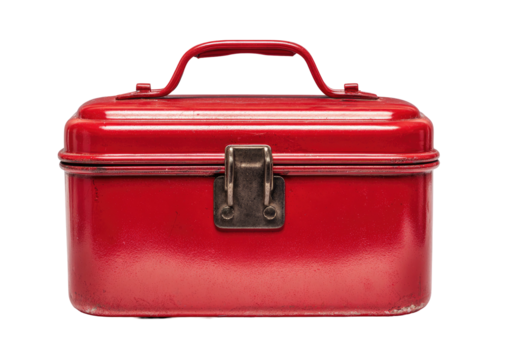 Glossy red metal toolbox with handle, latch centered