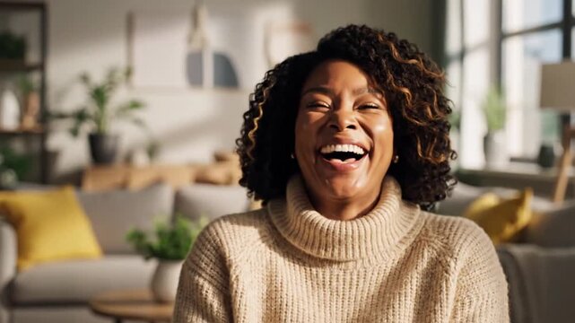 3230155 846 portrait of a beautiful mid adult woman smiling at home middle aged african woman in casual looking at camera with copy space cheerful mixed race girl relaxing at home with big  52655242 1