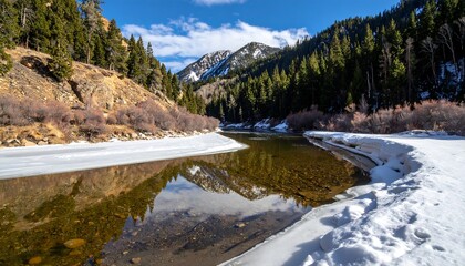 A serene river flows between snow-covered banks and forested hills under a blue sky, reflecting the surrounding landscape