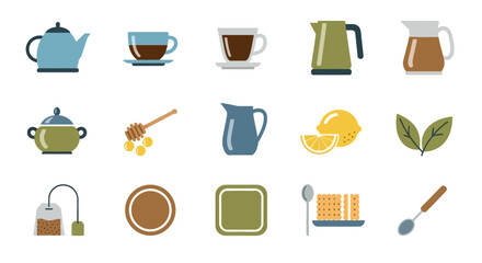 Flat vector icon set for tea and coffee preparation and service.
