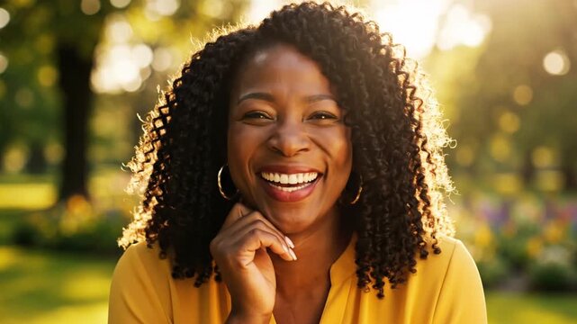 3230155 894 portrait of smiling middle aged african woman looking at camera cheerful black mid adult woman smiling outdoor close up face of beautiful black lady laughing at park no logos no 96513879 1