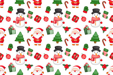 Fototapeta premium Cute winter holiday seamless pattern set with cartoon Santa Claus, Christmas tree, snowman, and vector decoration icons, Merry Christmas and Happy Holidays greeting card, frame, banner. 