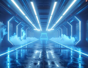 A futuristic, neon-lit corridor with hexagonal frames and artificial fog creates a sense of depth and mystery