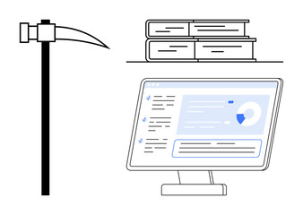 Pickaxe, stacked books, and computer monitor showing analytical data represent research, learning, and mining data. Ideal for knowledge, analysis, technology, innovation education discovery simple