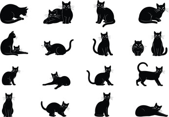 Black cat silhouette collection vector illustration, domestic feline poses and actions, minimal pet animal design for decoration, art, and graphic projects