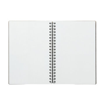 Open blank spiral bound notebook with white pages and black metal binding isolated on transparent background