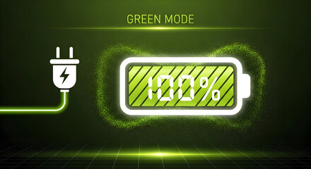 Modern green energy concept with a glowing battery icon at 100% charge, representing full power and efficiency, perfect for technology and sustainable branding