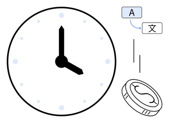 Clock with analog hands, translation elements, and coin symbolizing time, multilingual communication, teamwork, financial planning. Ideal for productivity, globalization, scheduling trade economy
