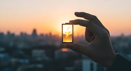 Holding a glowing battery icon against a sunset cityscape, symbolizing energy, sustainability, and technological innovation for a brighter future