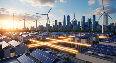 Modern eco-friendly community powered by renewable energy with solar panels, wind turbines, and a sustainable cityscape in the background