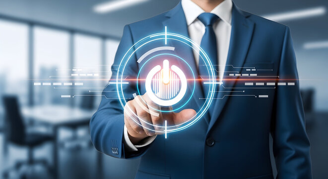 Businessman activating digital power button, innovative technology concept, starting up business, success, modern office, futuristic interface