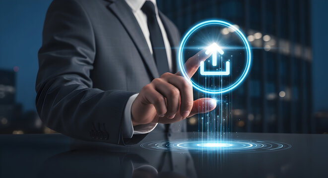 Businessman's finger activating upload technology interface, representing data transfer, cloud computing, and digital innovation in a futuristic city setting