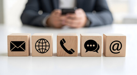 Business professional connecting via smartphone with contact icons, email, globe, phone, chat, and email symbol blocks for communication and networking