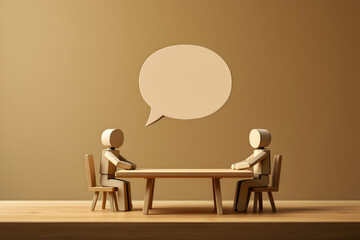 Two wooden figures engaged in a meeting, with an empty speech bubble above, perfect for communication, business, and concept art