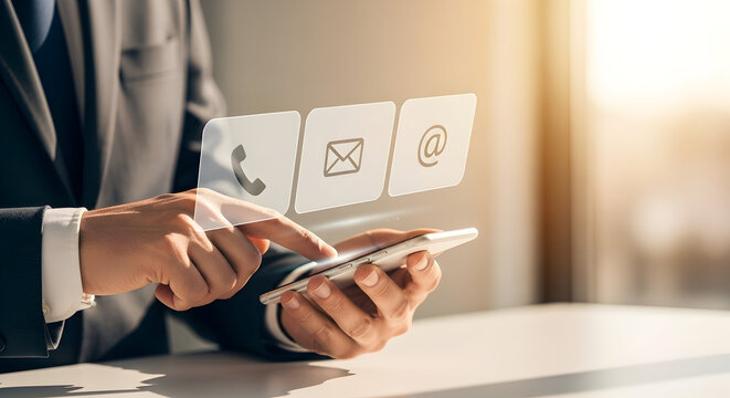 Business professional using smartphone with contact icons for communication, customer service, and support in a modern office, concept of connection - Powered by Adobe