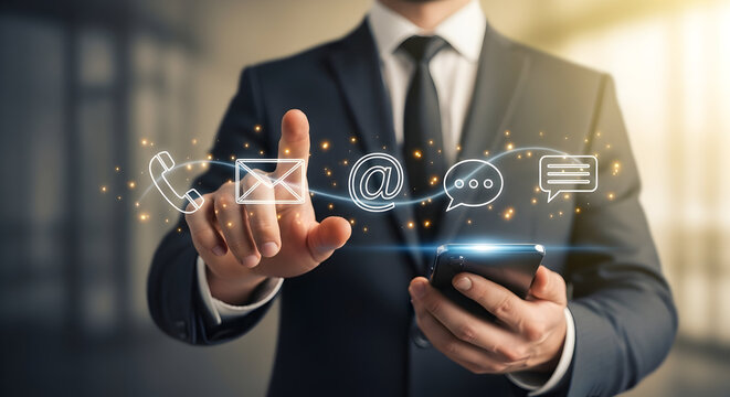 Business professional accessing customer support contact icons with smartphone, representing communication, technology, and global connectivity for efficient business solutions