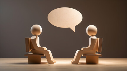 Two wooden figures engaged in conversation with speech bubble, representing dialogue, communication, and ideas, perfect for business concepts and presentations