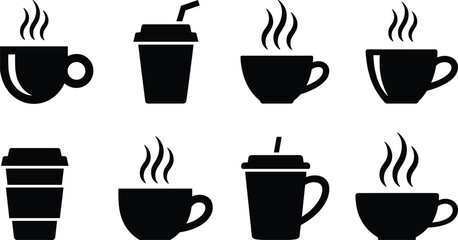 Collection of hot beverage cups and to-go coffee cups with steam drink