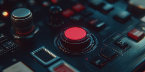 Close-up view of a bright red button on a musical instrument control panel in a studio setting.