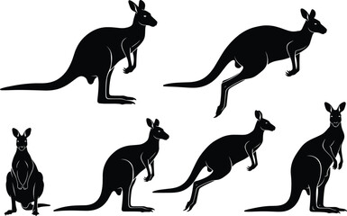 Black kangaroo silhouette vector illustration set, Australian animal poses, wildlife jumping and standing kangaroos, isolated design for nature, zoo, and safari concepts